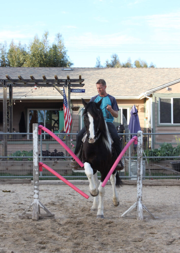 David Villalonga and Django a Barrock Rock Freisian bombproofing pool noodles